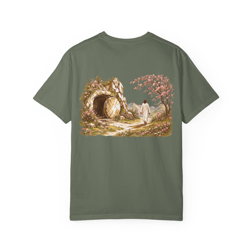 Moss green Resurrected Tomb Christian graphic tee back view – empty tomb biblical illustration streetwear