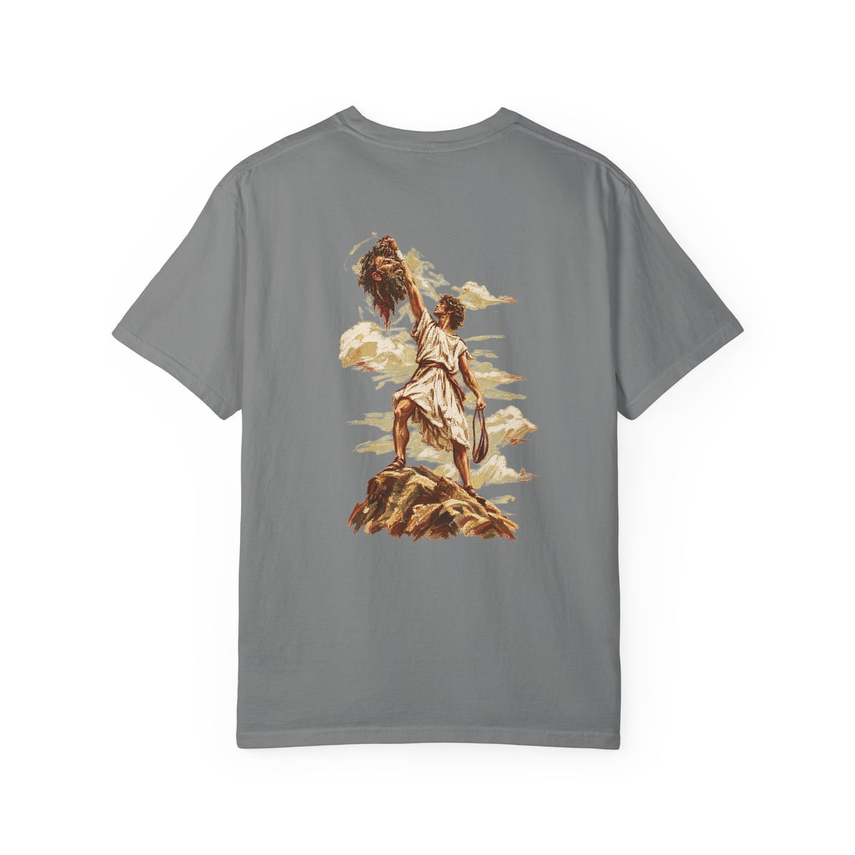 Grey David and Goliath Christian T-shirt featuring detailed vintage-inspired biblical artwork of David and Goliath on a dramatic rocky landscape, faith-based Christian graphic tee with an artistic biblical illustration on the back