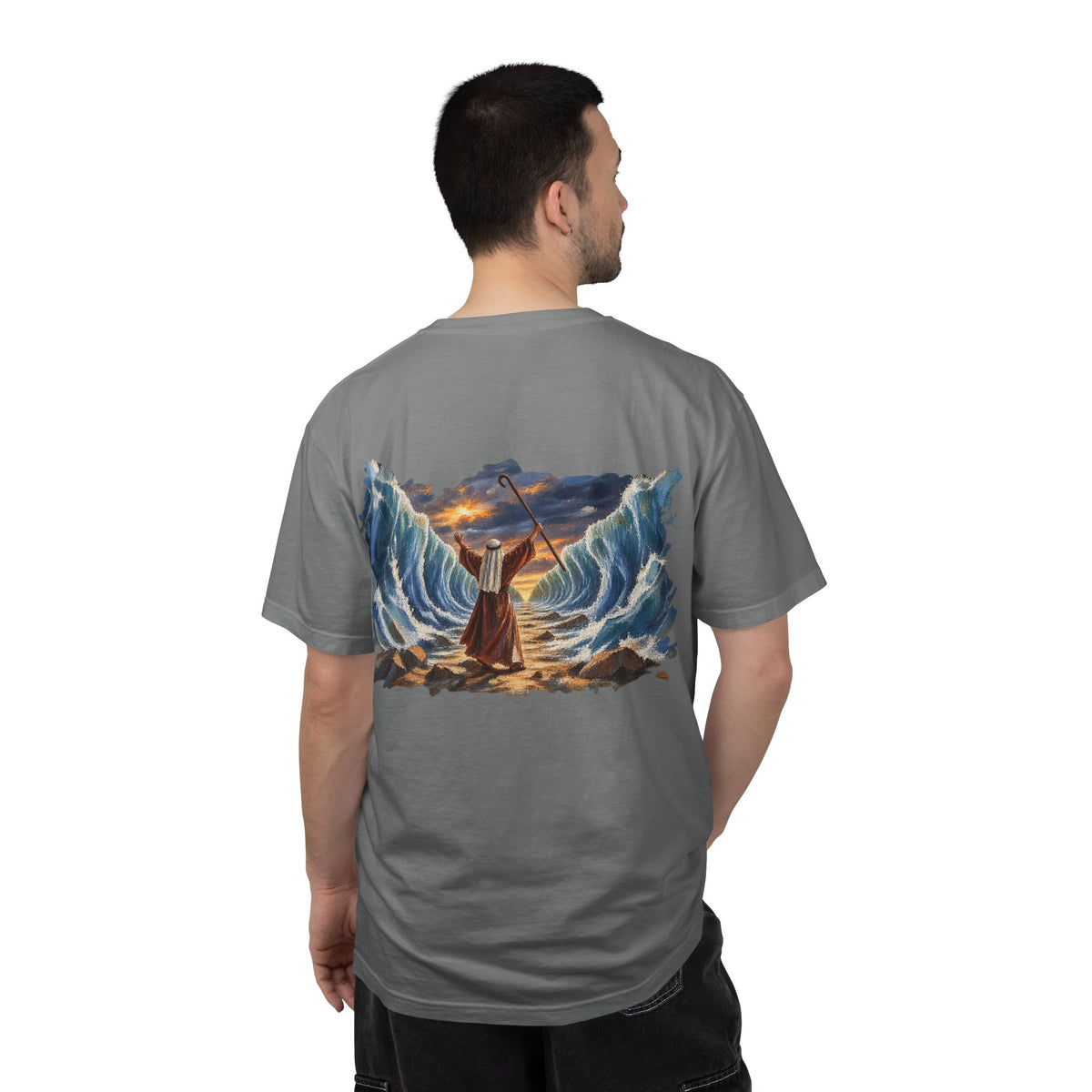Model wearing grey Moses Parting the Red Sea biblical graphic tee back – Exodus scripture streetwear