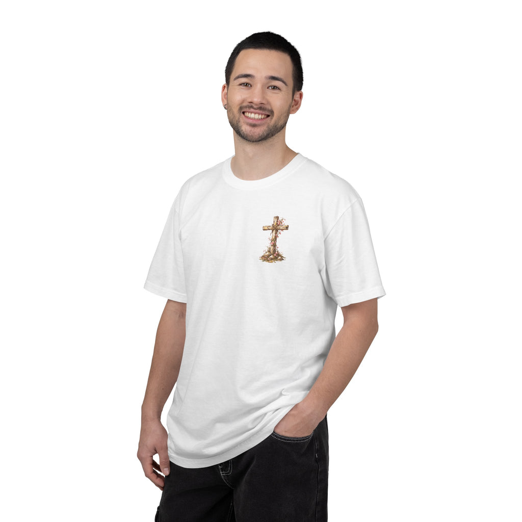 Model wearing white Resurrected Tomb Jesus rising graphic tee front – unisex Christian faith streetwear