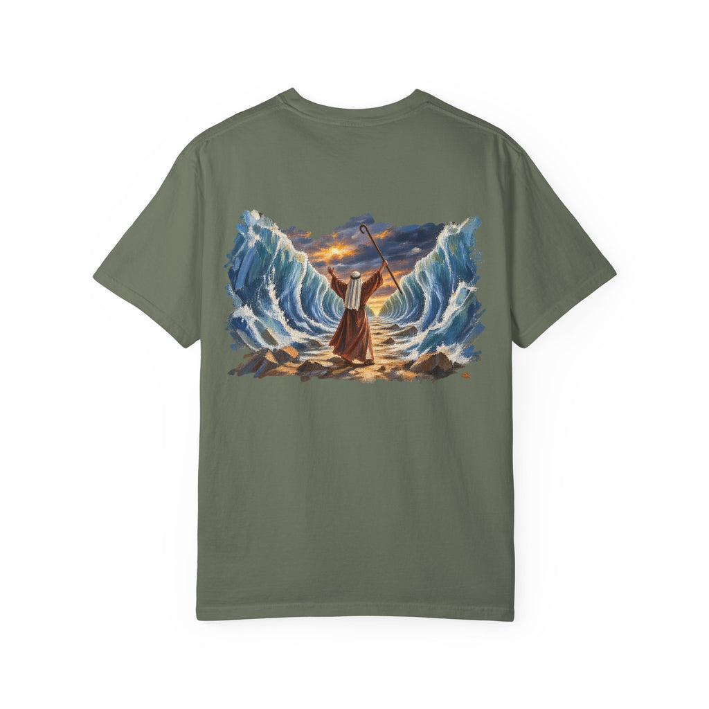 Moss green Moses Parting the Red Sea Christian graphic tee back view – biblical faith streetwear shirt
