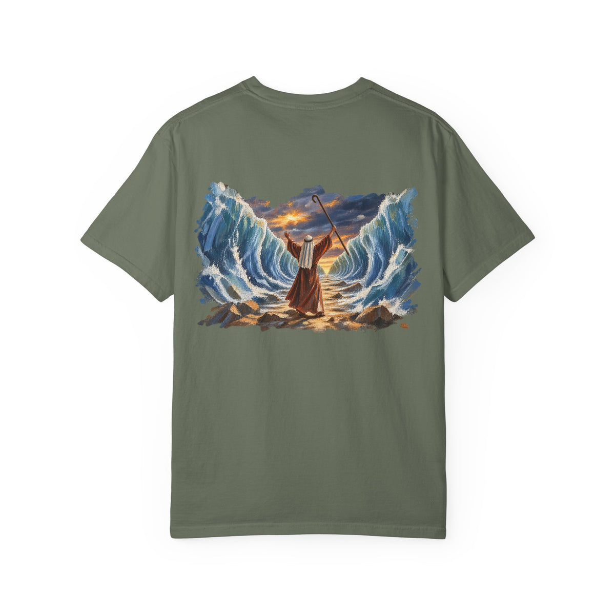 Moss green Moses Parting the Red Sea Christian graphic tee back view – biblical faith streetwear shirt