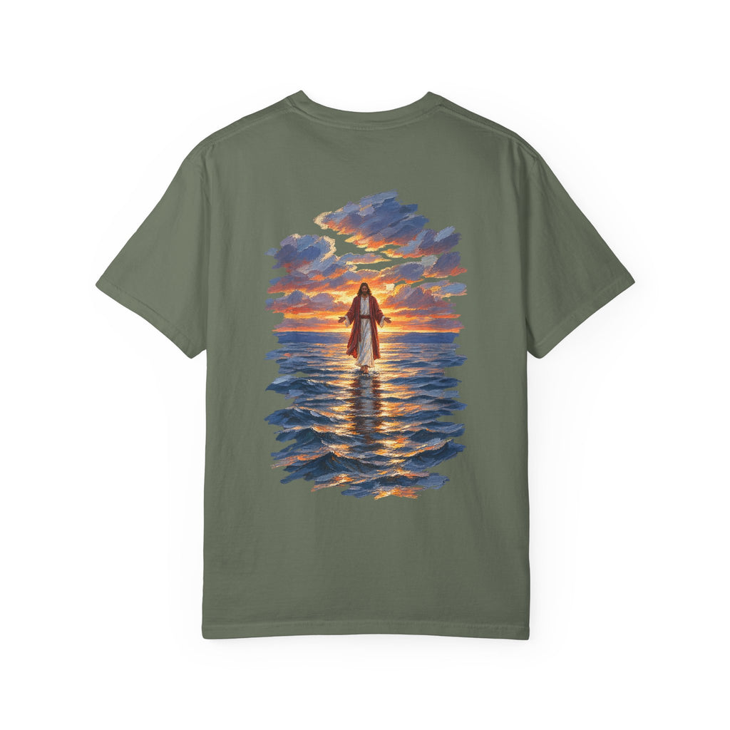 Moss green Christian graphic tee back view – Jesus Walking on Water Bible verse streetwear