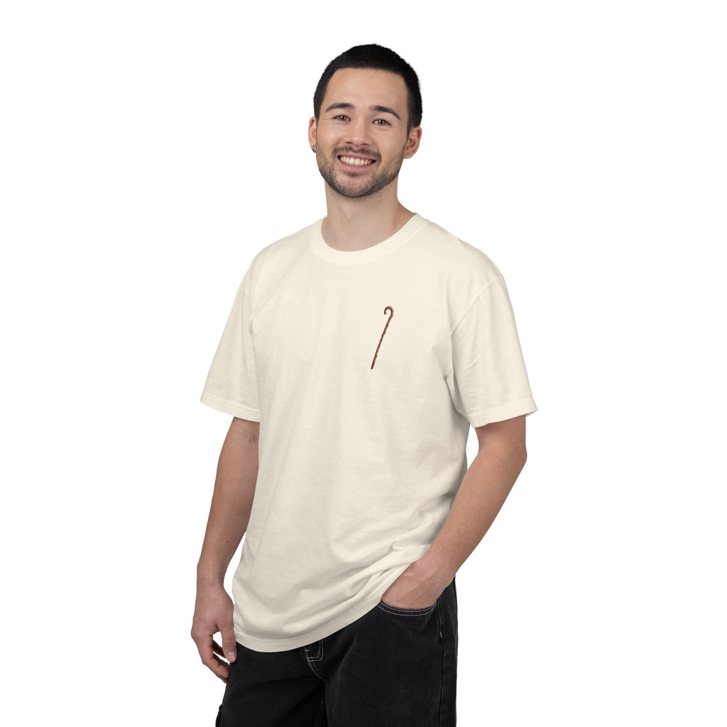 Model wearing ivory Moses Parting the Red Sea biblical graphic tee front – unisex faith streetwear shirt