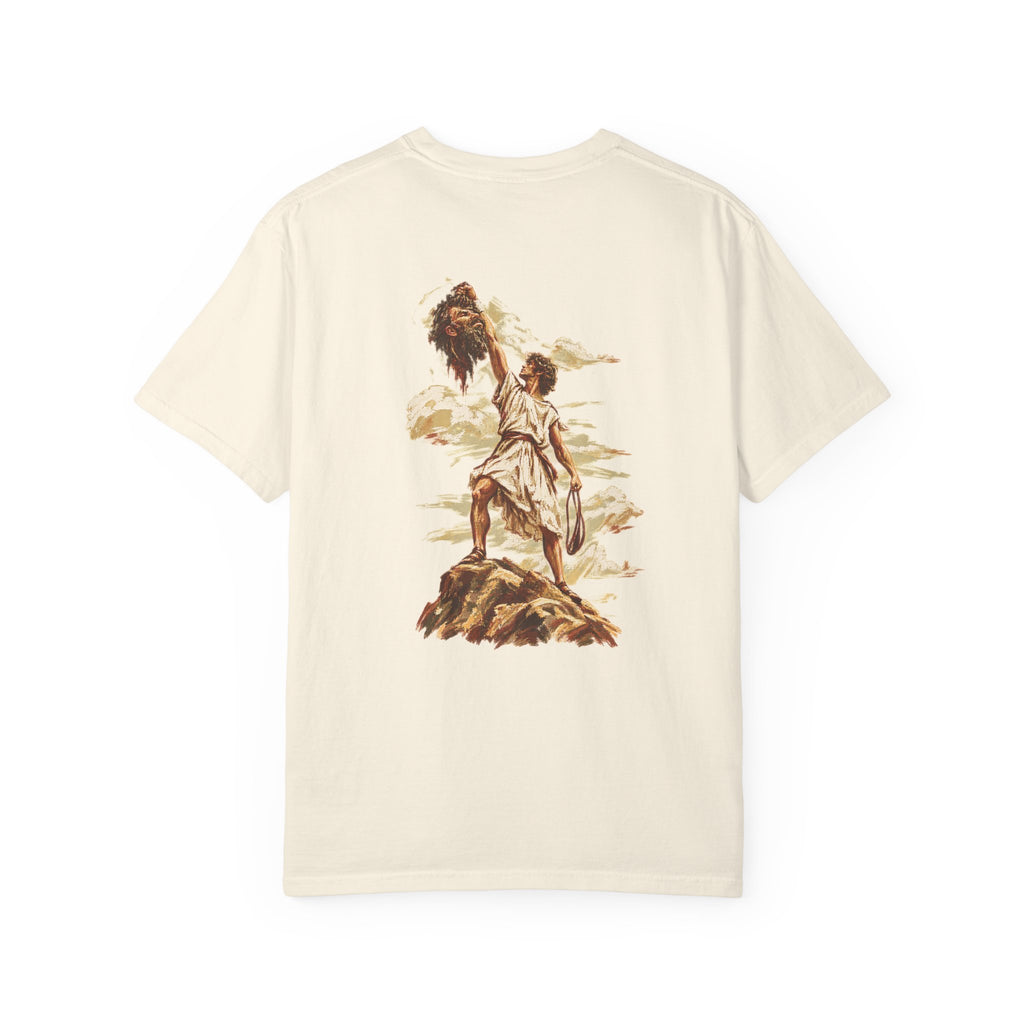 Ivory David and Goliath Christian T-shirt featuring vintage-inspired biblical artwork of David standing over Goliath on a rocky landscape, detailed faith-based graphic on the back