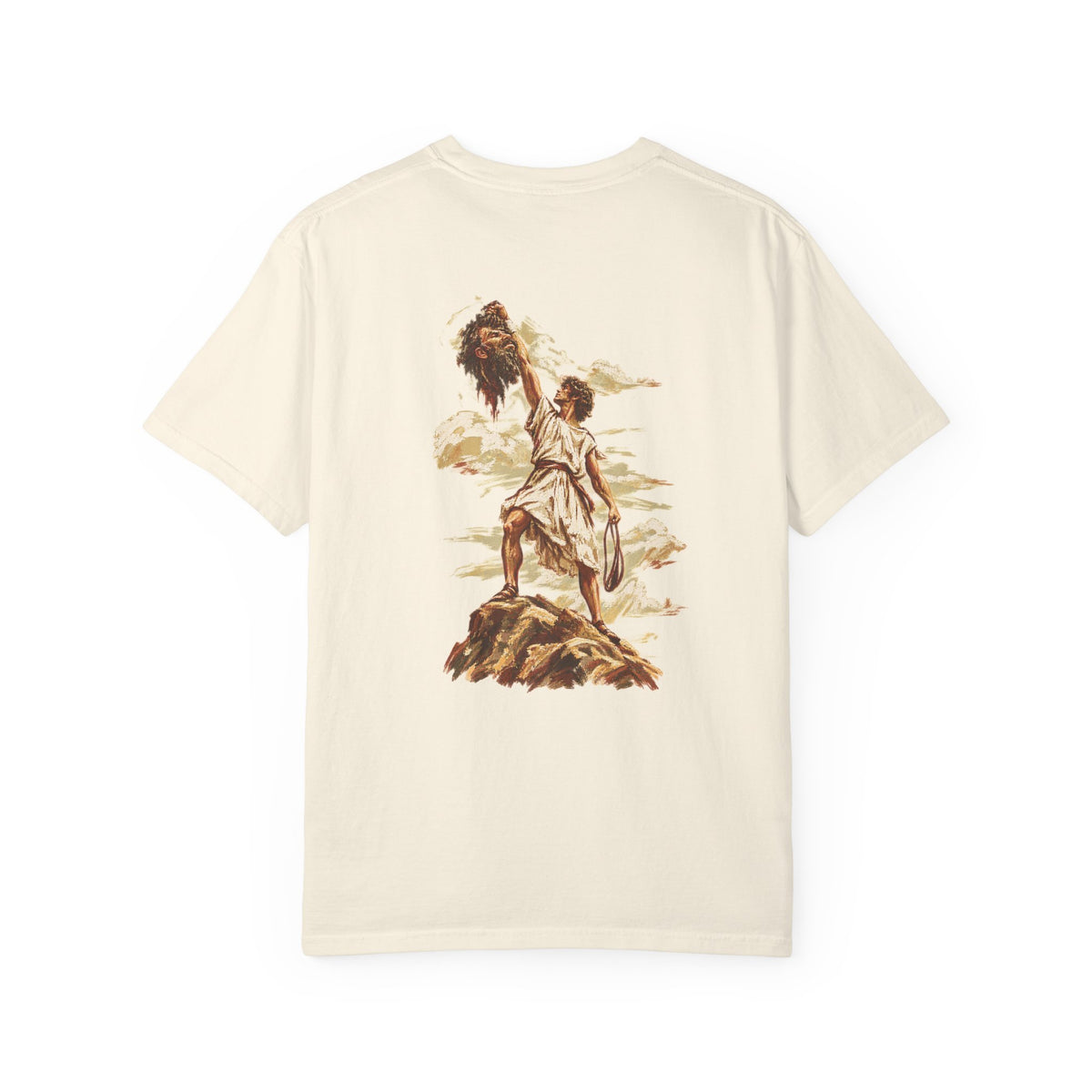 Ivory David and Goliath Christian T-shirt featuring vintage-inspired biblical artwork of David standing over Goliath on a rocky landscape, detailed faith-based graphic on the back