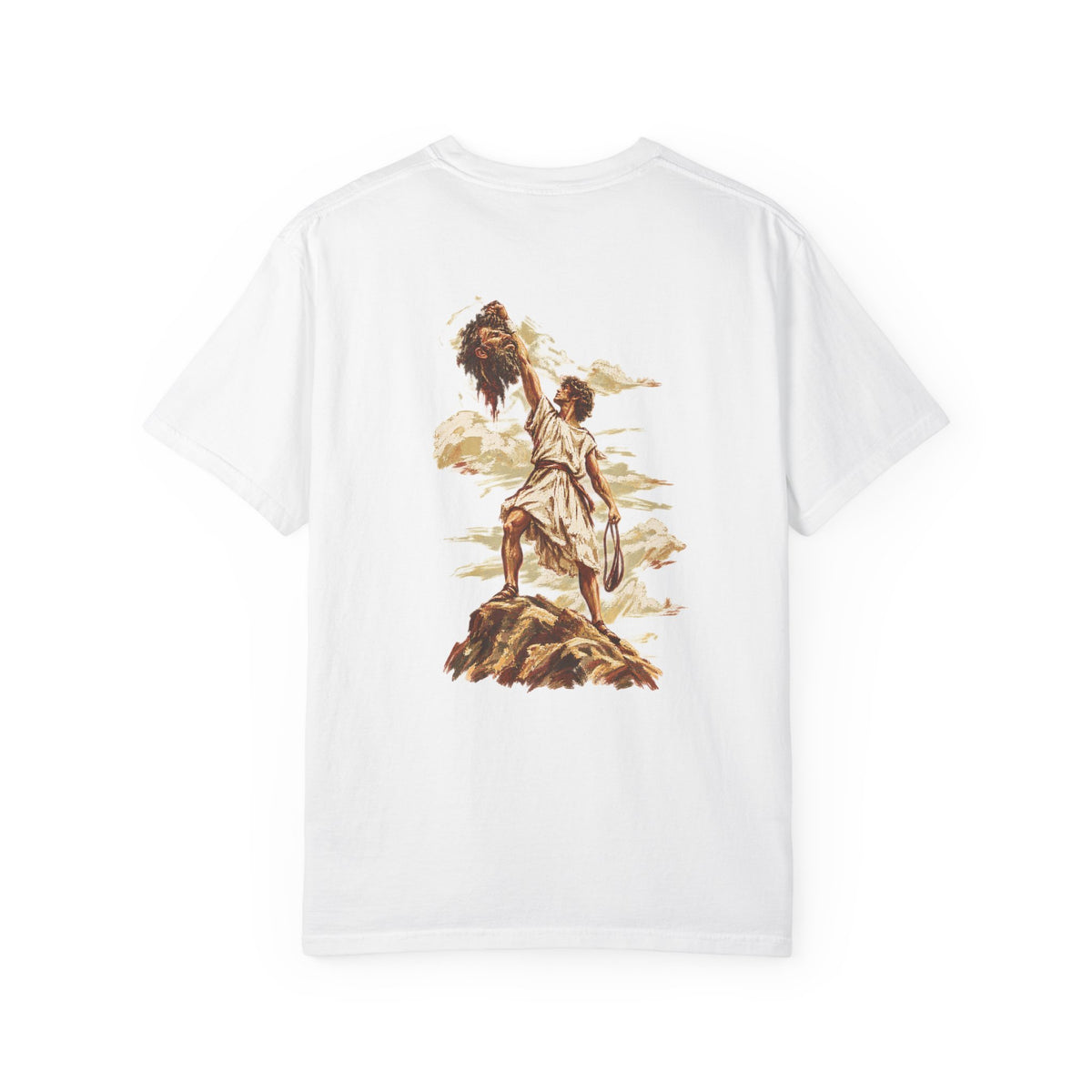 White David and Goliath Christian T-shirt featuring vintage-inspired biblical artwork of David standing over Goliath on a rocky landscape, detailed faith-based graphic on the back