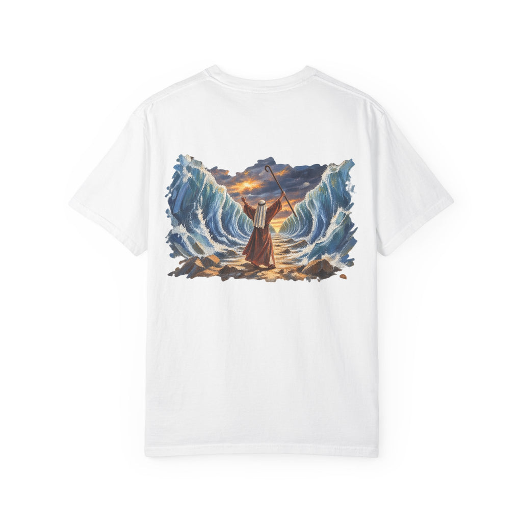 White Moses Parting the Red Sea Christian graphic tee back view – biblical faith streetwear shirt