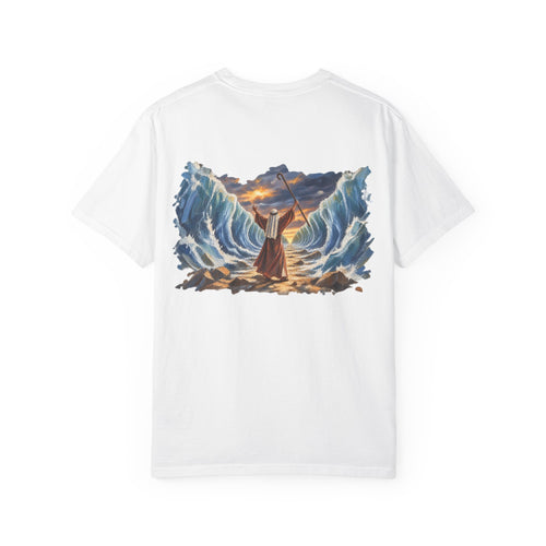 White Moses Parting the Red Sea Christian graphic tee back view – biblical faith streetwear shirt