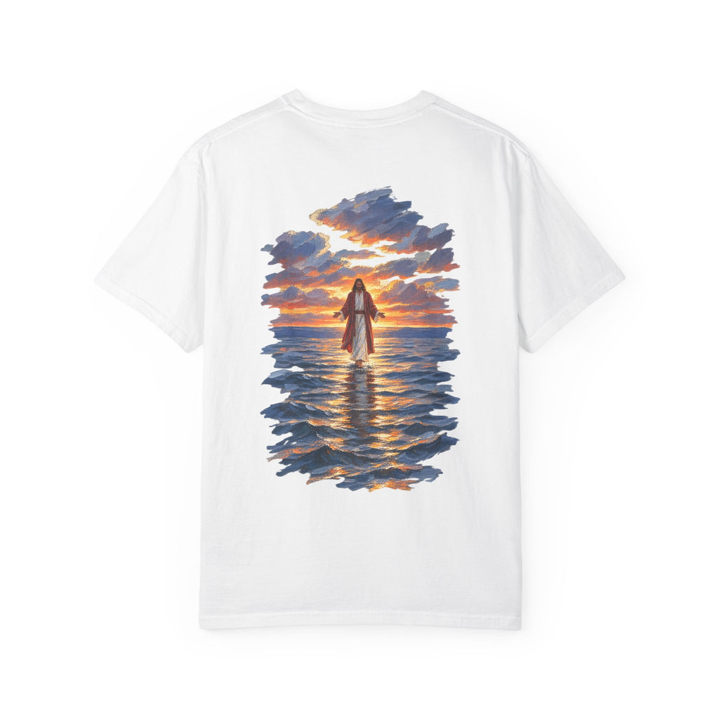 White Christian graphic tee back view – Jesus Walking on Water Bible verse streetwear