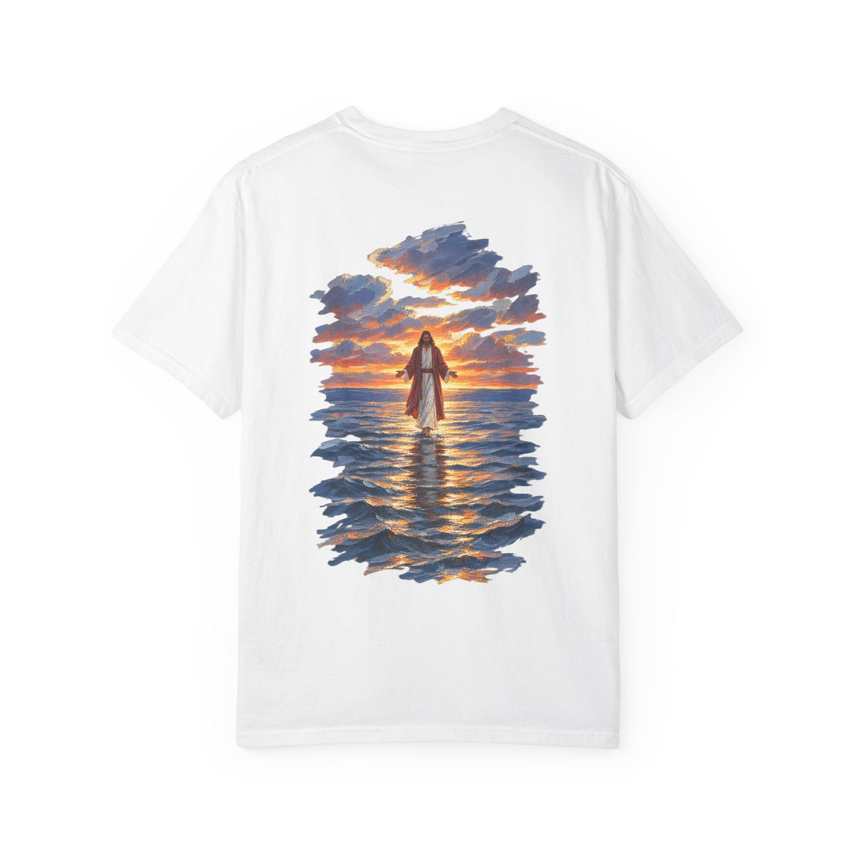 White Christian graphic tee back view – Jesus Walking on Water Bible verse streetwear