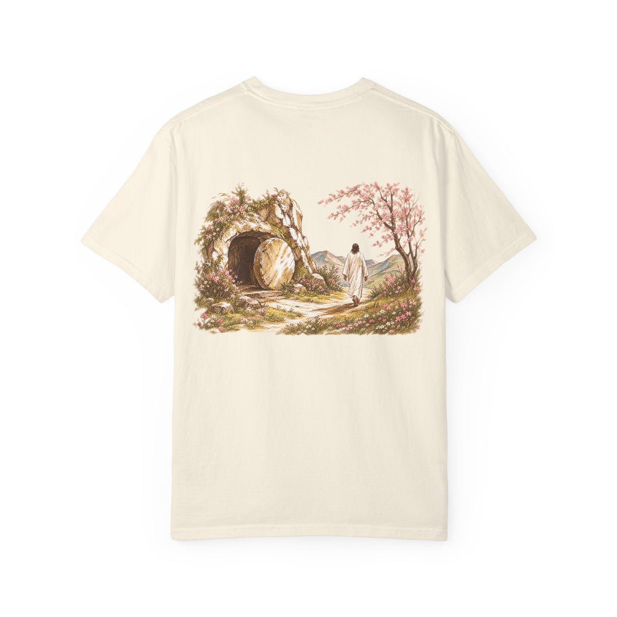 Ivory Resurrected Tomb Christian graphic tee back view – empty tomb biblical illustration streetwear