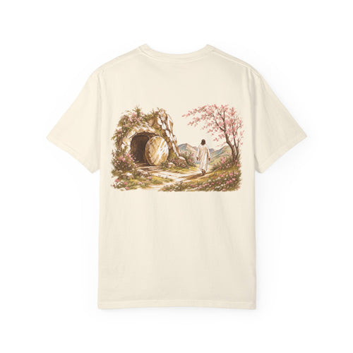 Ivory Resurrected Tomb Christian graphic tee back view – empty tomb biblical illustration streetwear