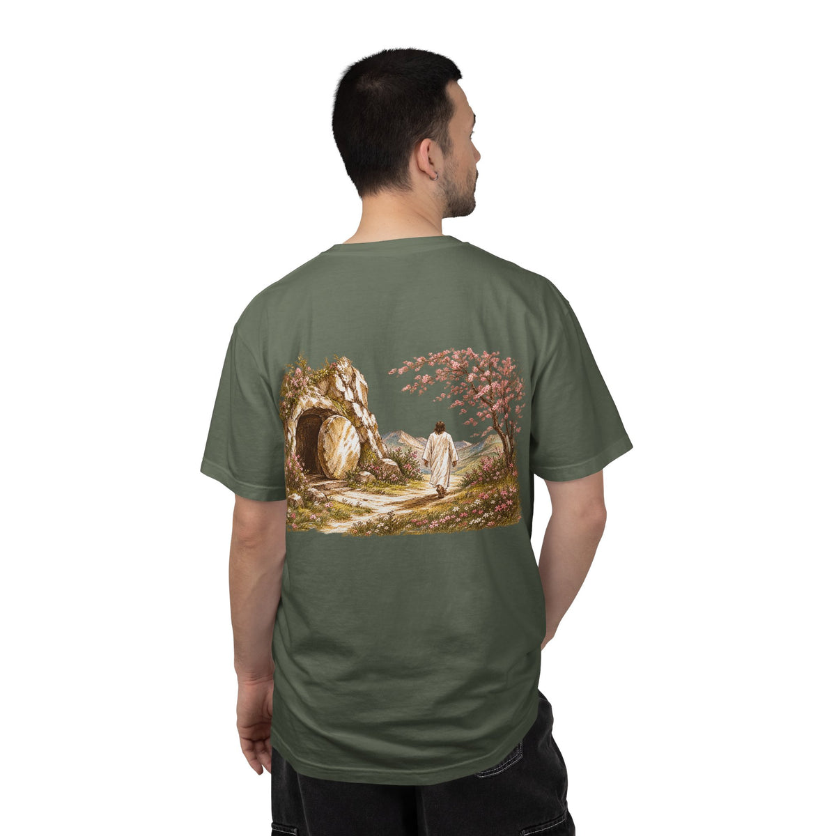 Model wearing moss green Resurrected Tomb Christian graphic tee back – He is Risen biblical streetwear shirt