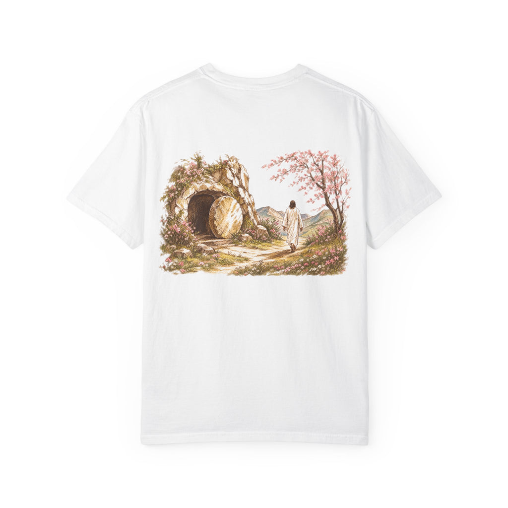 White Resurrected Tomb Christian graphic tee back view – empty tomb biblical illustration streetwear