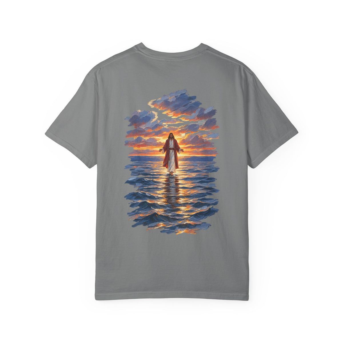 Grey Christian graphic tee back view – Jesus Walking on Water Bible verse streetwear