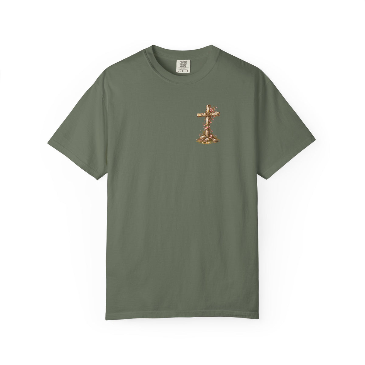 Moss green Resurrected Tomb Jesus rising Christian graphic tee front view – faith-based Christian streetwear shirt