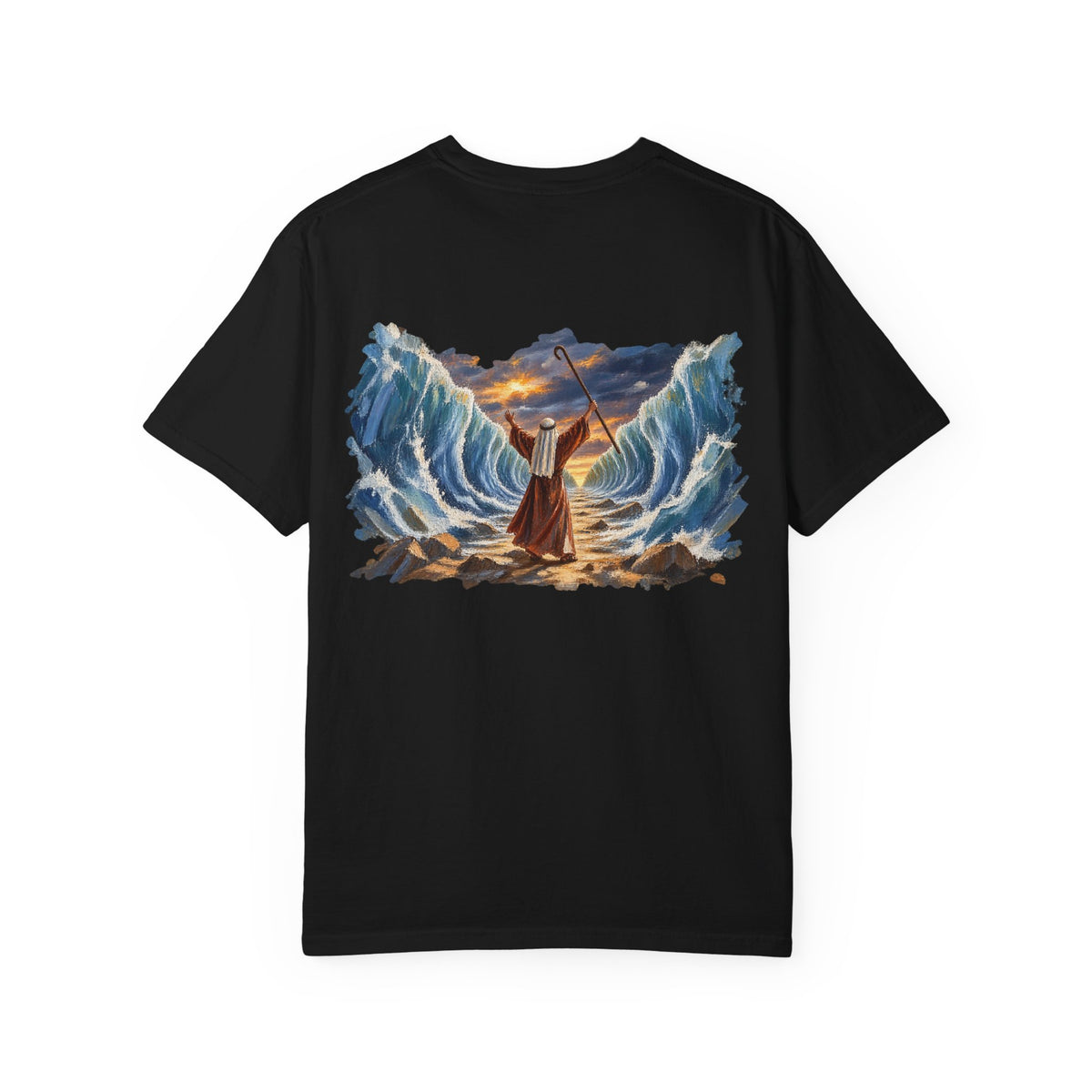 Black Moses Parting the Red Sea Christian graphic tee back view – biblical faith streetwear shirt