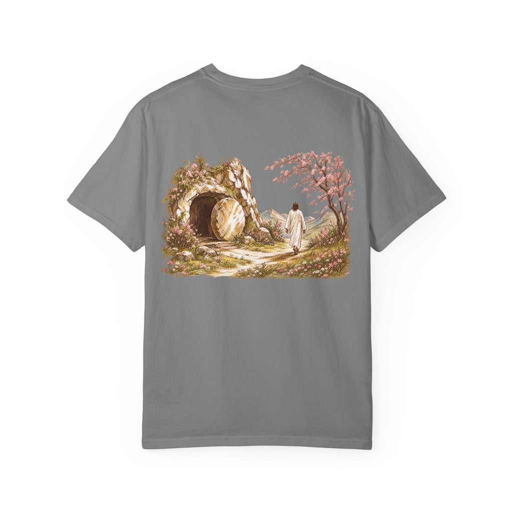 Grey Resurrected Tomb Christian graphic tee back view – empty tomb biblical illustration streetwear