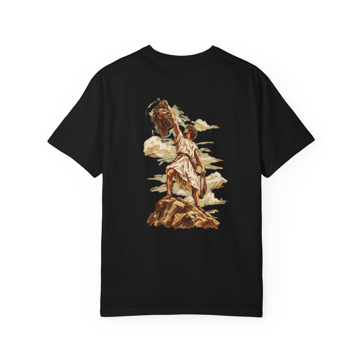 Black David and Goliath Christian T-shirt featuring detailed vintage-inspired biblical artwork of David and Goliath on a dramatic rocky landscape, faith-based Christian graphic tee with an artistic biblical illustration on the back