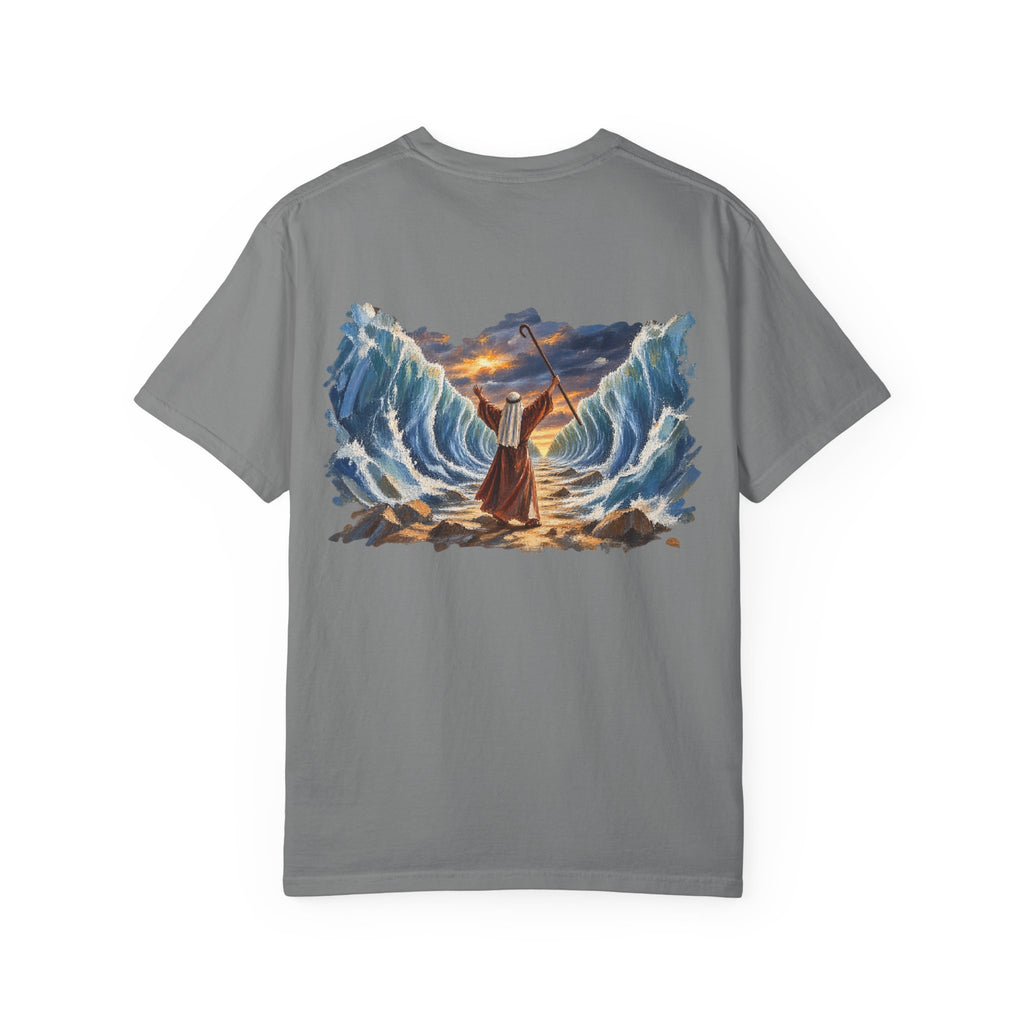 Grey Moses Parting the Red Sea Christian graphic tee back view – biblical faith streetwear shirt