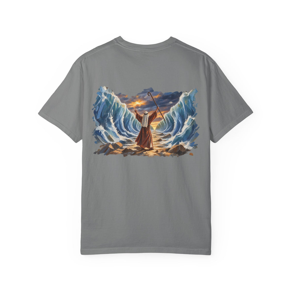 Grey Moses Parting the Red Sea Christian graphic tee back view – biblical faith streetwear shirt