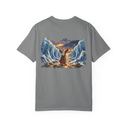 Grey Moses Parting the Red Sea Christian graphic tee back view – biblical faith streetwear shirt