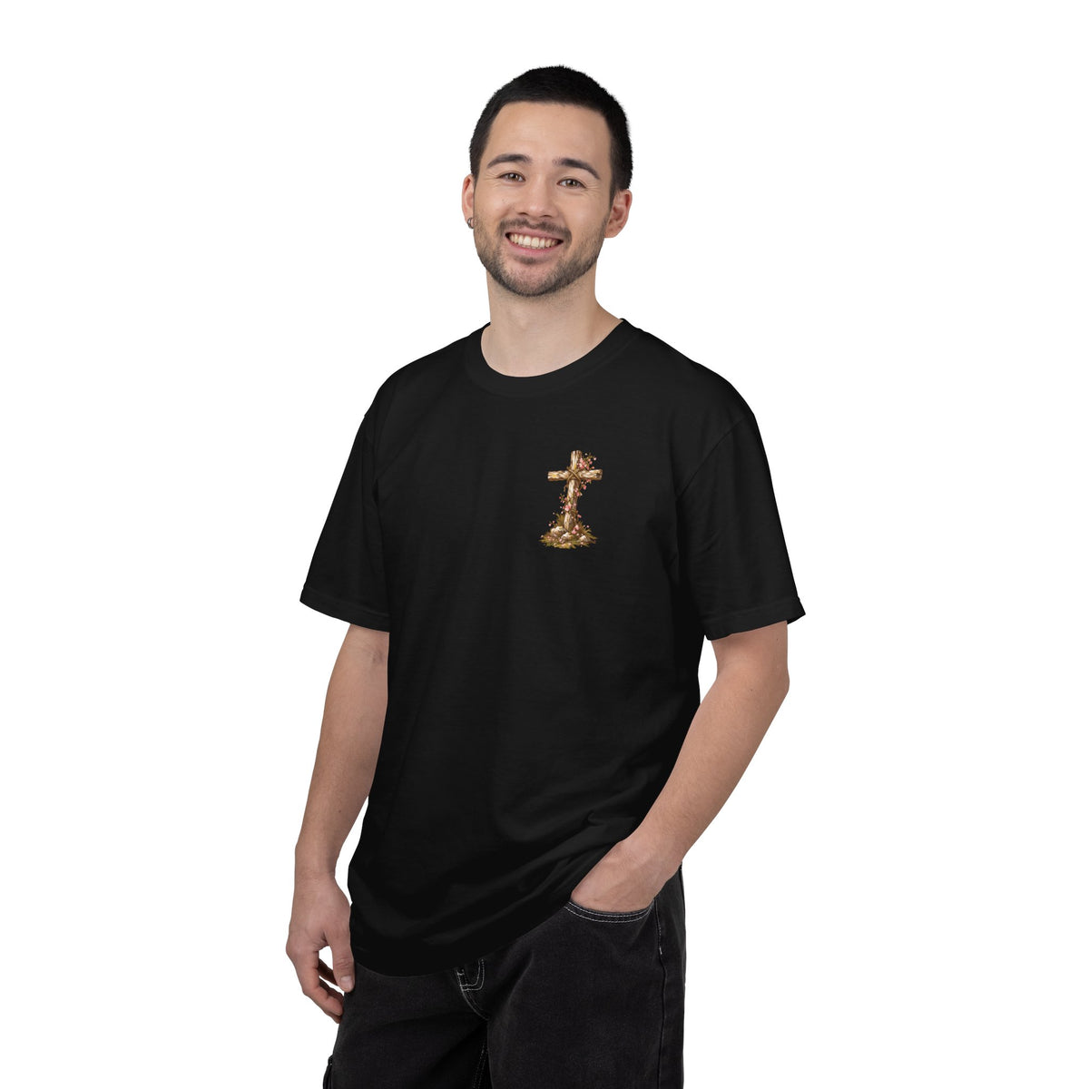 Model wearing black Resurrected Tomb Jesus rising graphic tee front – unisex Christian faith streetwear