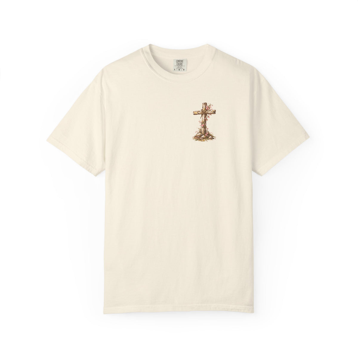 An off-white short-sleeve crewneck t-shirt featuring a small graphic of a wooden cross decorated with dried flowers on the left chest, displayed against a solid white background.