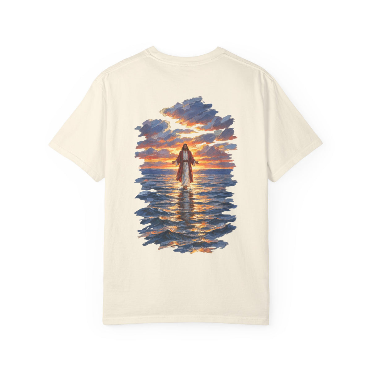Ivory Christian graphic tee back view – Jesus Walking on Water Bible verse streetwear