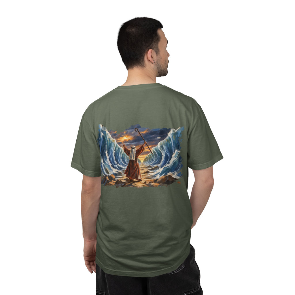 Model wearing moss green Moses Parting the Red Sea biblical graphic tee back – Exodus scripture streetwear