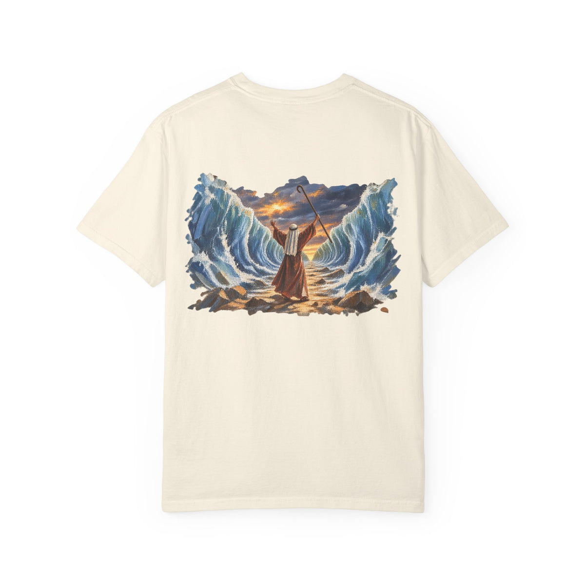 Ivory Moses Parting the Red Sea Christian graphic tee back view – biblical faith streetwear shirt