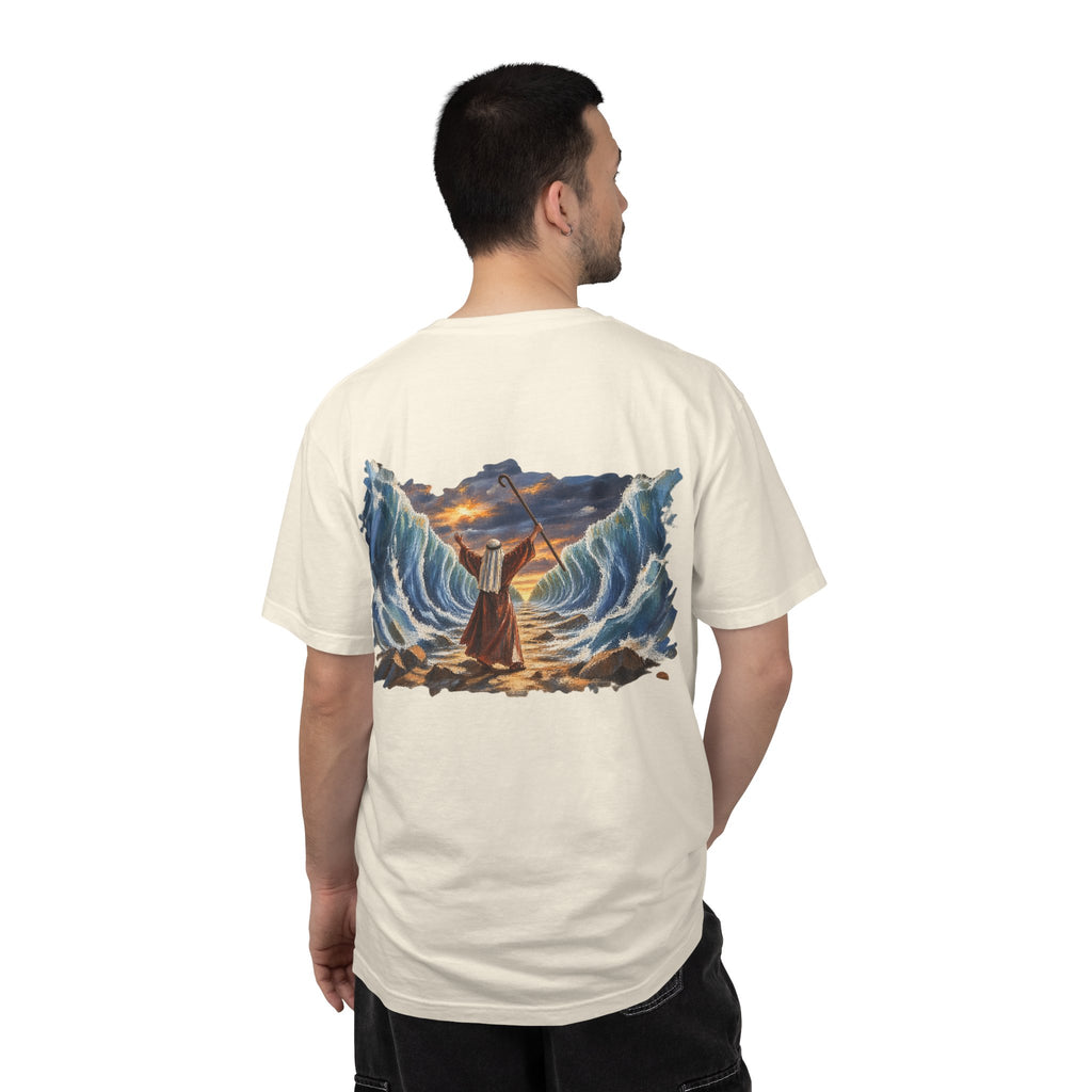 Model wearing ivory Moses Parting the Red Sea biblical graphic tee back – Exodus scripture streetwear