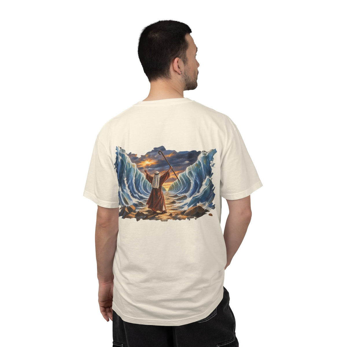 Model wearing ivory Moses Parting the Red Sea biblical graphic tee back – Exodus scripture streetwear
