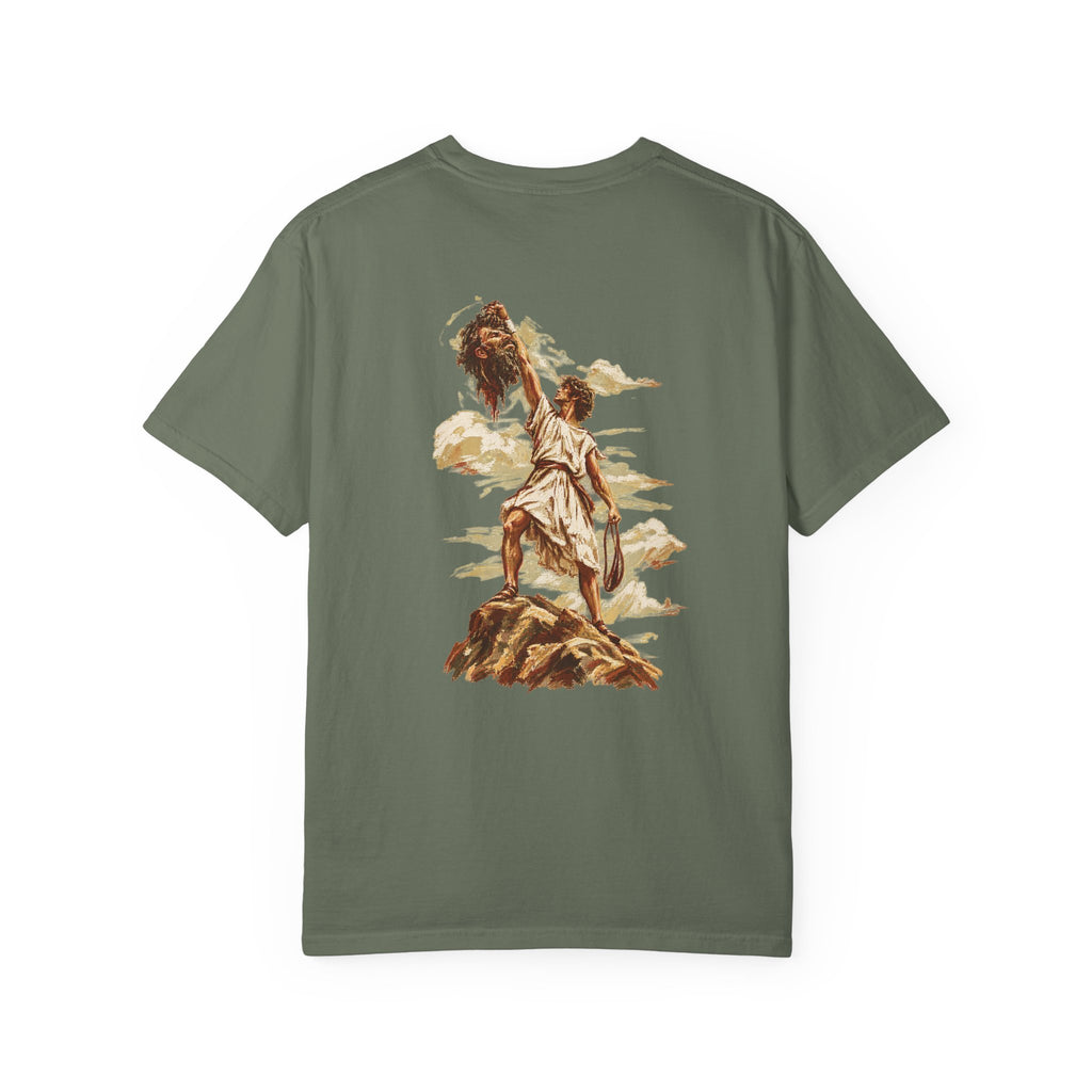 Moss green David and Goliath Christian T-shirt featuring detailed vintage-inspired biblical artwork of David and Goliath on a dramatic rocky landscape, faith-based Christian graphic tee with an artistic biblical illustration on the back