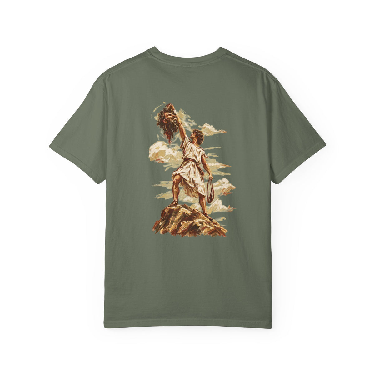 Moss green David and Goliath Christian T-shirt featuring detailed vintage-inspired biblical artwork of David and Goliath on a dramatic rocky landscape, faith-based Christian graphic tee with an artistic biblical illustration on the back