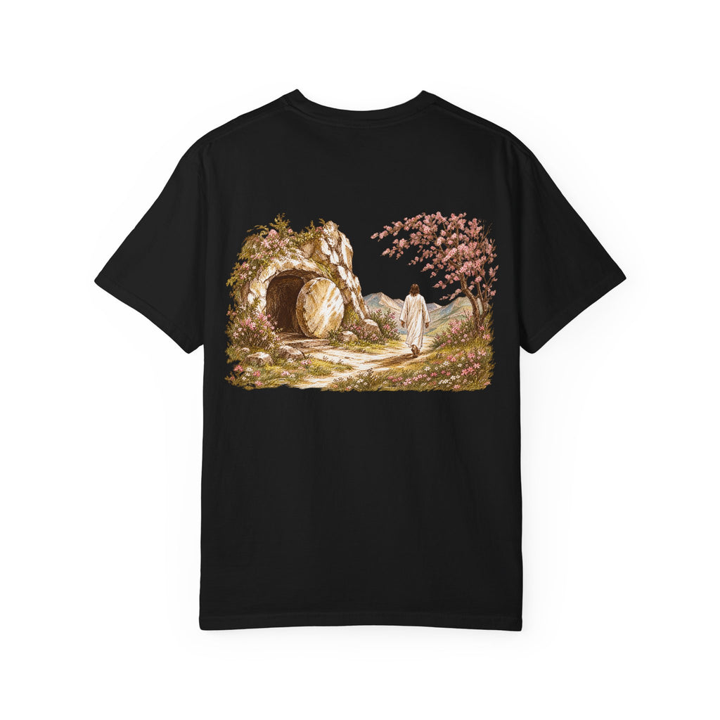 Black Resurrected Tomb Christian graphic tee back view – empty tomb biblical illustration streetwear