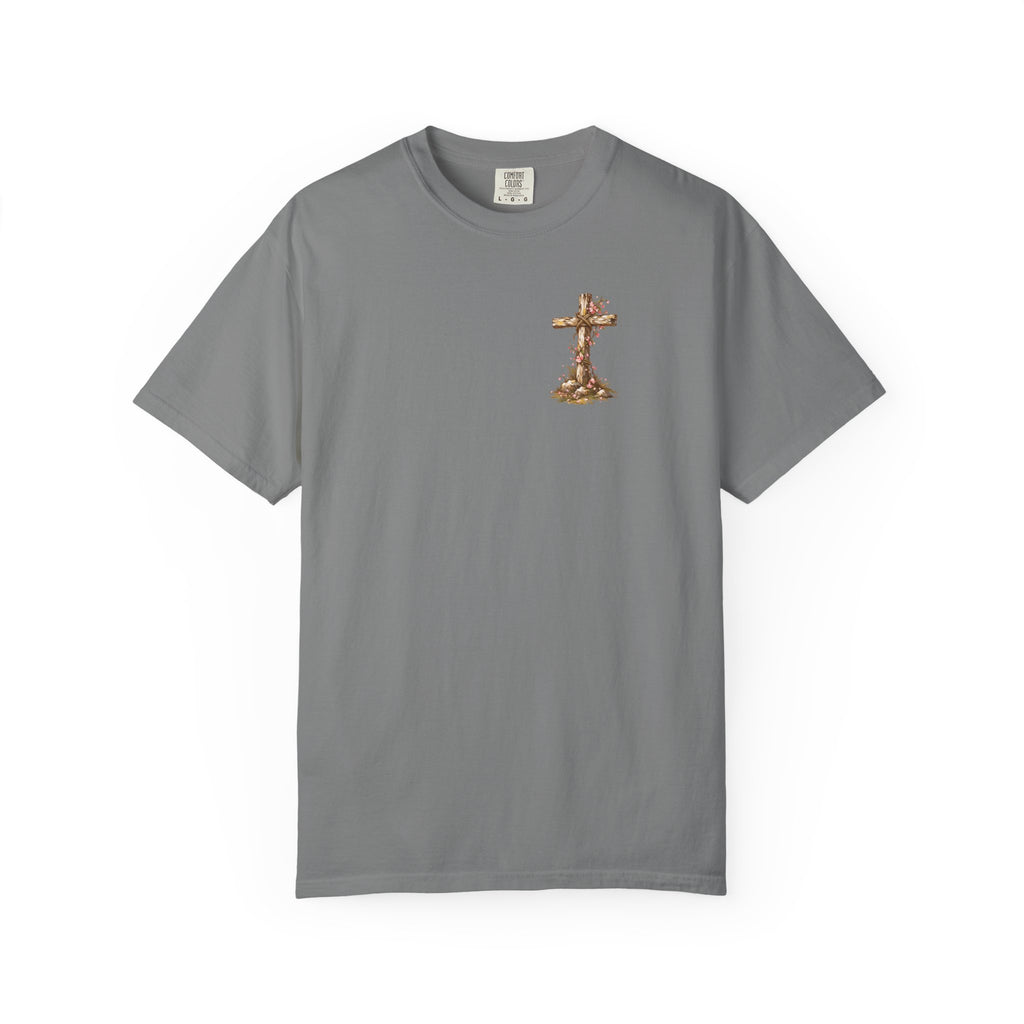 Grey Resurrected Tomb Jesus rising Christian graphic tee front view – faith-based Christian streetwear shirt